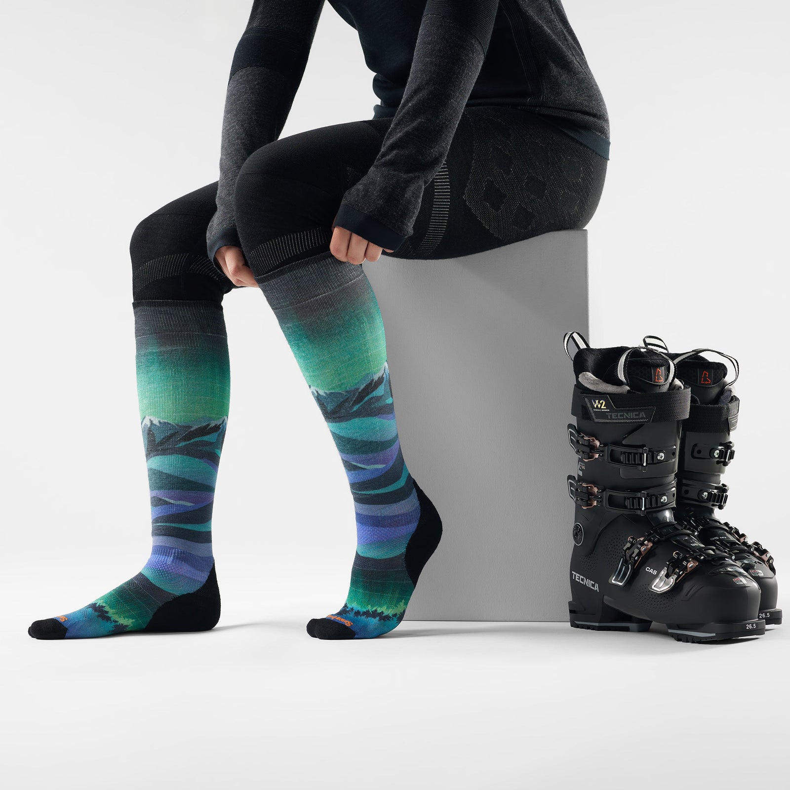 Women's Ski Compression Print Over The Calf Socks Black - ver - 2